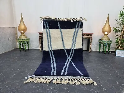 Moroccan Handmade Beni Ourain Rug 3'1''x5'6'' Berber Abstract White Blue Rug • $312