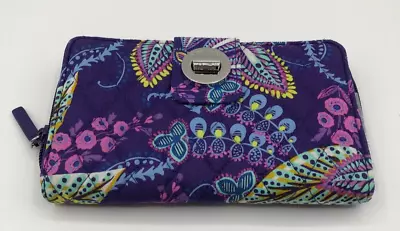 Vera Bradley Turnlock Zip Organizer Wallet BATIK LEAVES Purple Microfiber • $35.99