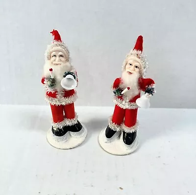 Rare Vintage Putz Pair Flocked Santa Clauses Holding Bell And Candle  Japan 5 T • $69