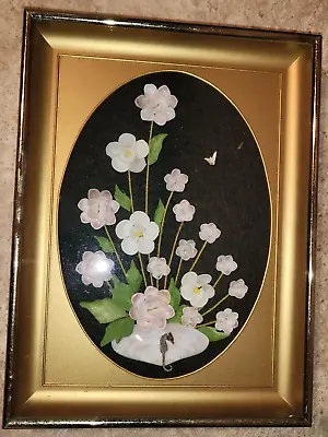 Vintage Seashell Shadow Box Collage  Flower Art Framed Cottage Decor • $12.95