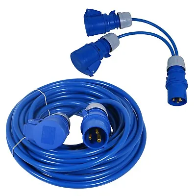 16A Extension Lead 14m 240V 2.5mm Heavy Duty Power Cable + 2 X 16 Amp Splitter • £54.39