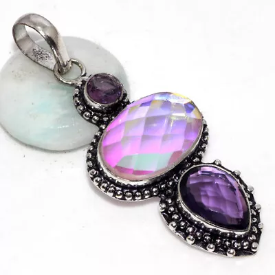 Amethyst Pink Aqua Mystic 925 Silver Plated Long Gemstone Pendant 2.3  Gifts GW • $5