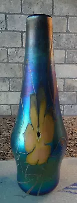 Signed Vandermark Studio Art Glass Blue Aurene Iridescent Floral Vase 10.5  • $224.55