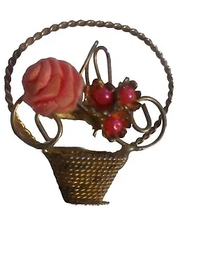 Vintage Gold Tone Weaved Flower Basket Brooch Silk Rose Pink Bead Flowers • $17.75