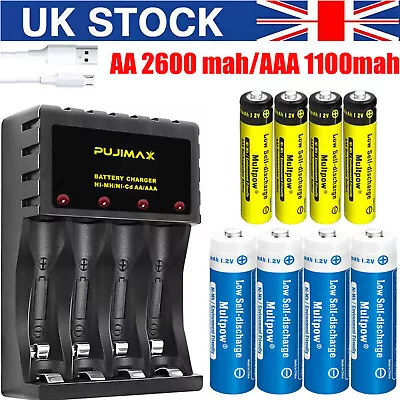 2~12x AA/AAA Batteries Rechargeable 2600mAh/1100mAh + 4 Slots Charger 1.2V NiMH • £9.79