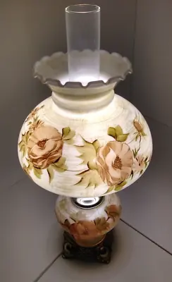 Vintage GWTW Hurricane Lamp Electric 3 Way Floral Green & Brown Cast Metal Nice! • $45