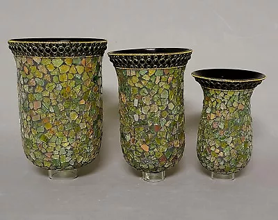 Glass Hurricane Shade Green Mosaic Candle Holders 7.5 -9 -10 Tall  Set Of 3 • $37.95