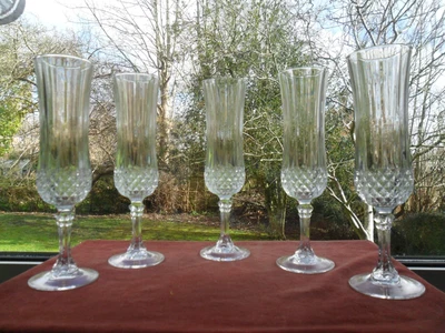 £22.55 • Buy 5  French-made Crystal Champagne Flutes, Longchamp Design, By Cristal D'Arques.
