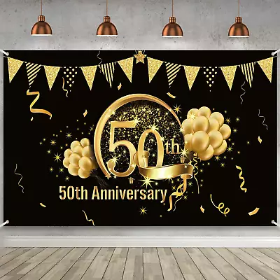 50th Anniversary Decorations Extra Large Fabric Black Gold Sign Poster For 50th • $10.99