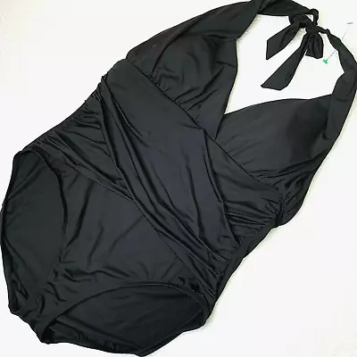 16 La Blanca By Rod Beattie V Neck Halter Wrap Swimsuit Black Ruched Soft Cups • $19.99