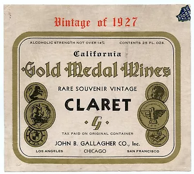 Vintage 1927 California Gold Medal Wines Claret Wine Label • $22.50