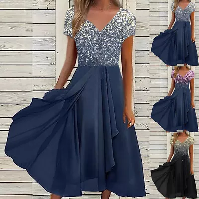 $13.99 • Buy Women Chiffon V Neck Swing Midi Dress Short Sleeve Evening Party Dress Plus Size