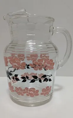 Vintage Hazel Atlas Glass Pitcher Pink Flowers Black Leaves MCM • $19.99