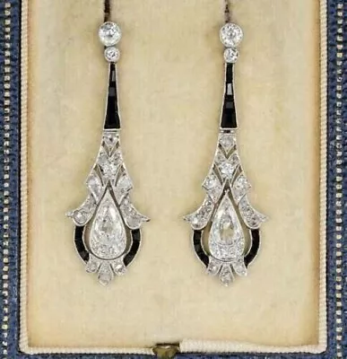 Vintage Art Deco Pear Cut Lab Created Diamond Drop/Dangle 925 Silver Earrings • $80