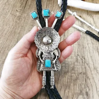 Native American Sterling Silver Turquoise Large Sunface Kachina Leather Bolo Tie • $950