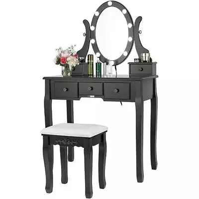 10 LED Lights Mirror 5 Drawers Dressing Table Makeup Vanity Desk Set With Stool • $129.99