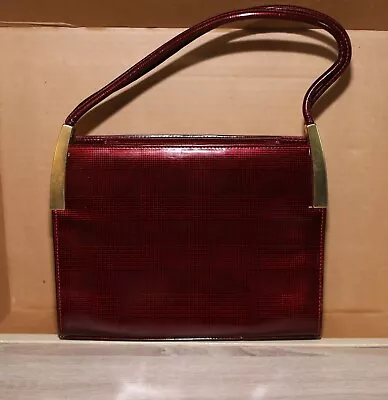 COUTURE Charles Jourdan Paris Burgundy Red Patent Leather & Brass Handbag • $75