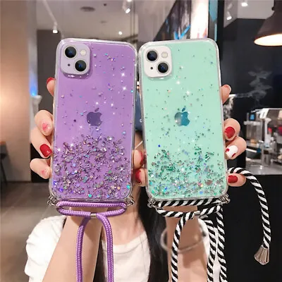 $7.35 • Buy For IPhone 14 13 12 Pro Max 11 XS XR 8+ Glitter Lanyard Silicone Soft Case Cover