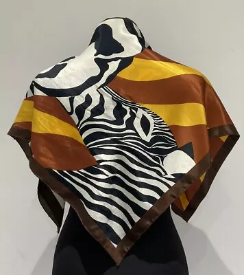 Vintage Silky Polyester Scarf B&W Zebras With Yellow & Brown Stripes Print 74cm • £9
