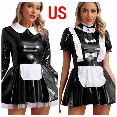 US Women's French Maid Fancy Dress Costume Leather Puff Sleeve Anime Cosplay • $7.43