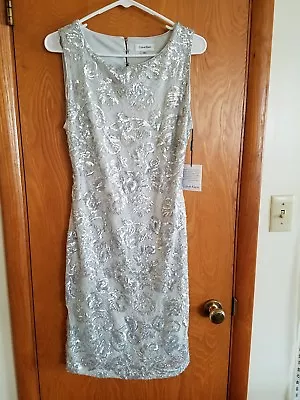 $89.95 • Buy Calvin Klein Silver Grey Sequin Lace  Women's Size 8 Sheath Dress Medium M NWT