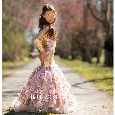 $75.99 • Buy New Gold Shinny Flower Girl Mermaid Dresses Sequins Applique Pageant Gowns Party