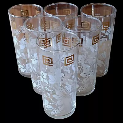 Anchor Hocking White Leaves Flowers & Gold Grecian Key Tumblers 6” Tall Set Of 6 • $29