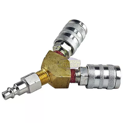 1/4  Air Hose Y Splitter Two 1/4  MNPT Couplers And One 1/4  Industrial Plug • $16.99