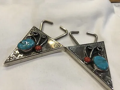 Silver  Tone Turquoise & Coral Shirt Collar Clip Points Tip Vintage  Preowned • $23.50