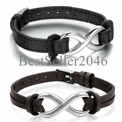 2PCS Men Women Stainless Steel Love Infinity Couples Leather Bracelet Adjustable • $12.99