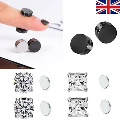 PAIR Diamond Cut Magnetic Men Women Square Sparkling Clip On Ear Studs Earrings • £3.69