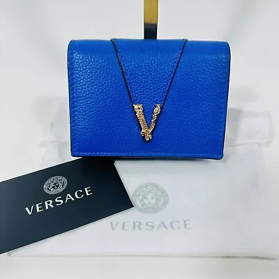 Versace Bifold V Virtus Logo Wallet Royal Blue Grainy Calf Leather NWT $600 • $250