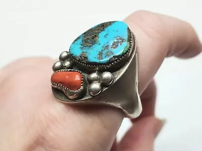 Vintage Heavy Old Pawn Sterling Silver Turquoise Coral Biker Ring Size 11.5 32g • $124.99