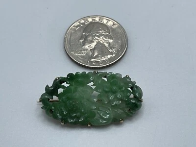 $365 • Buy Antique 14k Yellow Gold Carved Pierced Jade Flower Pin 