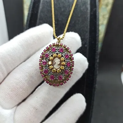 Michal Negrin Necklace Locket Pendant Long Cabochon Cameo Fuchsia Pink Crystals • $71.20
