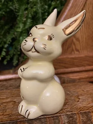 Vintage Midcentury Porcelain Bunny Rabbit Cotton Ball Dispenser  Yellow W/Gold • $19.99