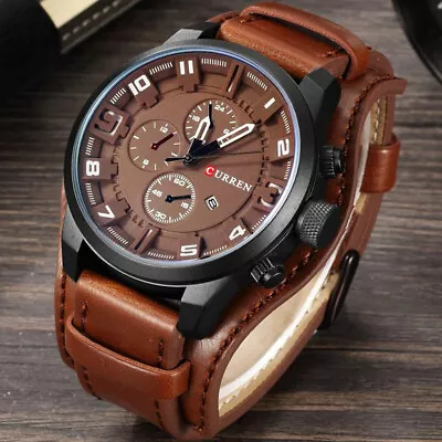 CURREN Men Quartz Watch Large Dial Fashion Leather Male Military Wristwatch Gift • $16.86