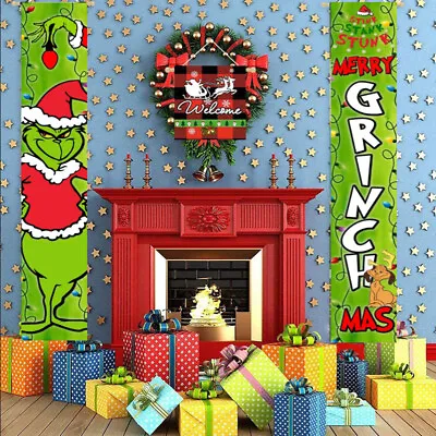 2PCS Christmas Decorations For Grinch Porch Sign Door Banner Merry • $8.99