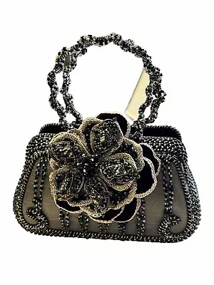 Mary Frances Black Rose Beaded Embellished Handbag Evening Bag • $125