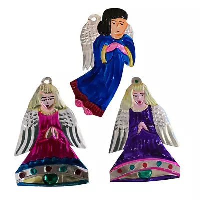 Handcrafted Mexican Christmas Decor Angel Tin Ornament Set Colorful • $15.95