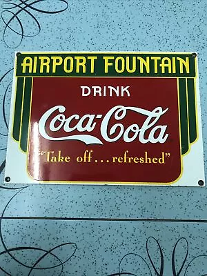 Coca-Cola Airport Fountain Enamel Sign Repro Ande Rooney 1990 • £12.99