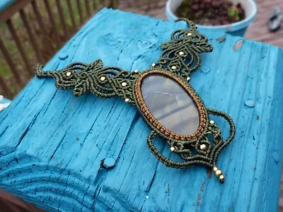 Micro Macrame Necklace Dark Green W/ Blue Tiger Eye Handmade Micromacrame Choker • $41