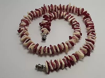 Vintage Hawaiian Surfer Red White Heishi Sea Shell Chip Thick Necklace 16.5 In • $23