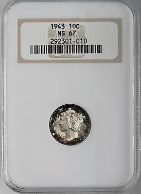 1943-p  10c Mercury Silver Dime Ngc Ms67 #292301-010   Old Fatty    Toned  -read • $79.99