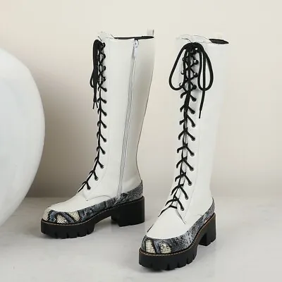 Womens Lace-up Punk Mid Block Heel Knee High Boots Side Zip Gothic Solid Shoes • $61.99