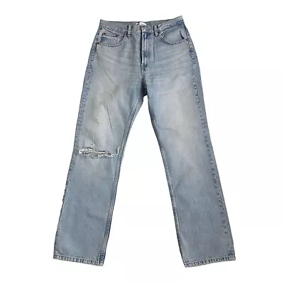 Zara TRF Ladies Ripped Jeans Denim Blue Size 12 High Rise Straight Leg Trousers • £26.95