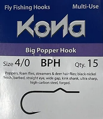 Kona Big Popper Fly Tying Hooks. 15 Count. Black Nickel Straight Eye. 2/0 4/0 • $9.99