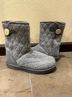 UGG Mountain Quilted Argyle Sweater Knitted Gray Short Button Boots Size 9 • $34.99