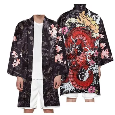 Men Women Long Kimono Coat Cardigan Yukata Outwear Bathrobe Top Dragon Retro • £19.37