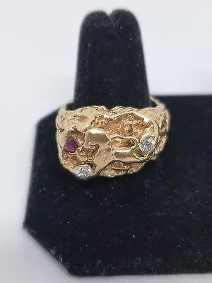 Men's 14k GOLD NUGGET- DIAMOND & RUBY Large Ring - Size 11.25 22.4Grams  • $1400